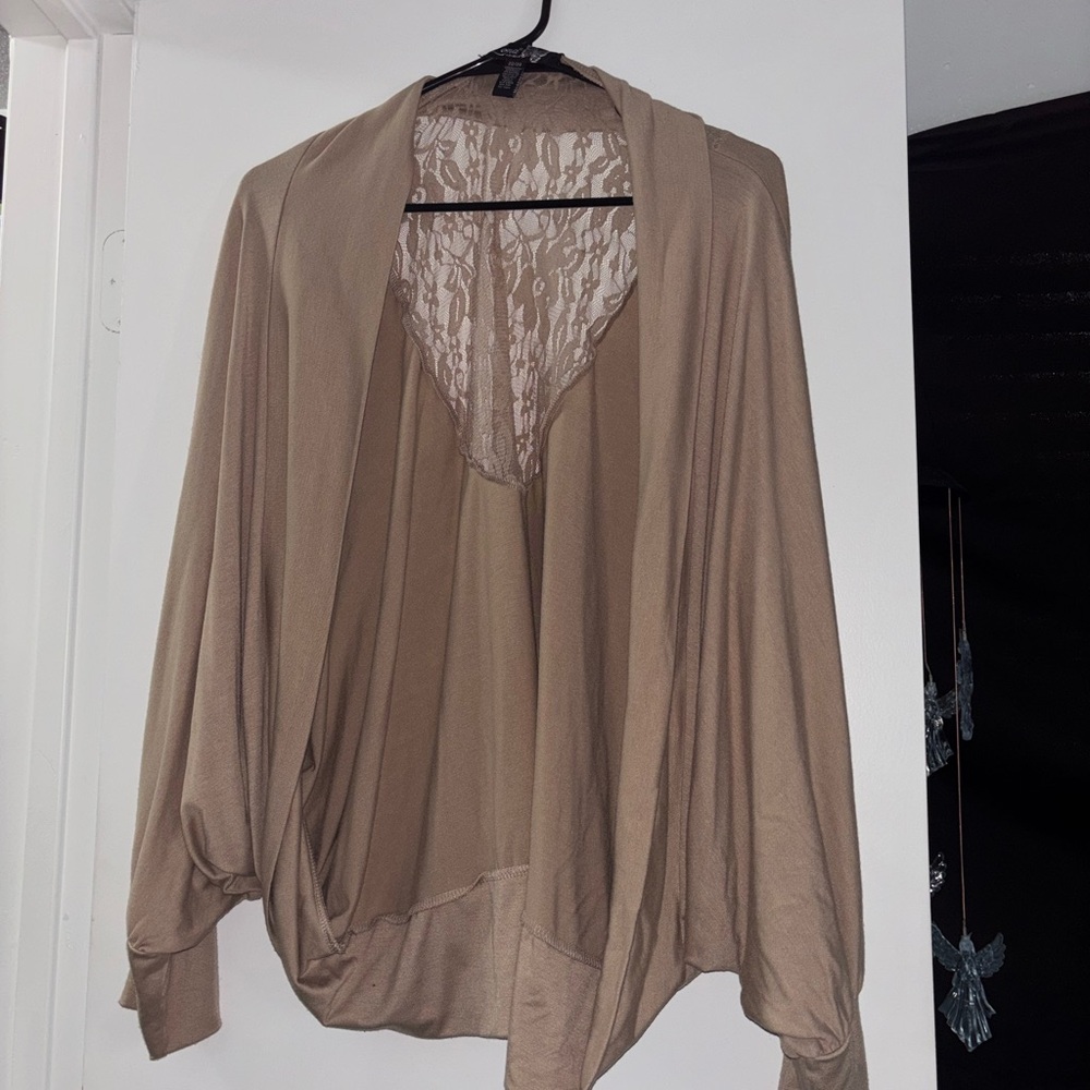 Lena Tan Cardigan with Lace Accent